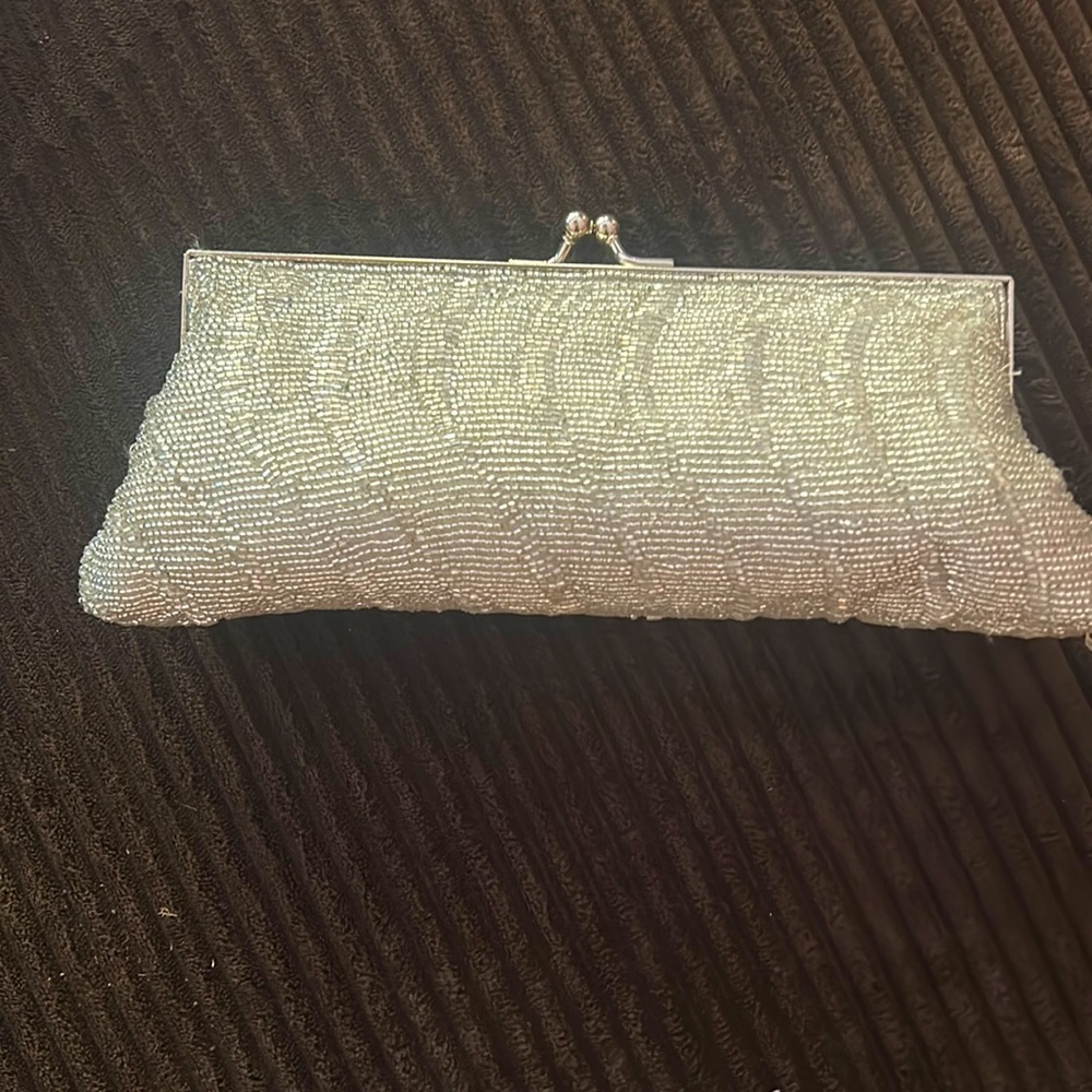 Cache Silver Beaded Crossbody Evening Bag